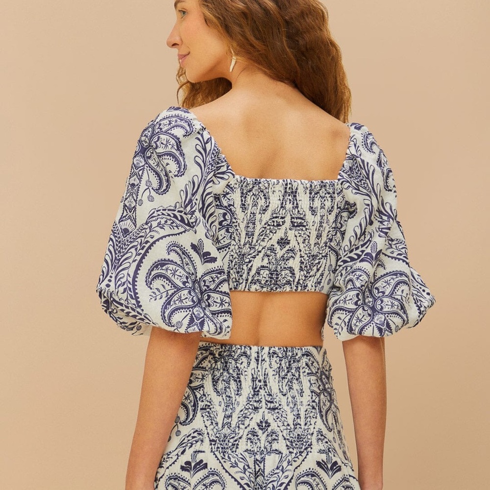 FARM Rio Blue and White Patterned Crop Top